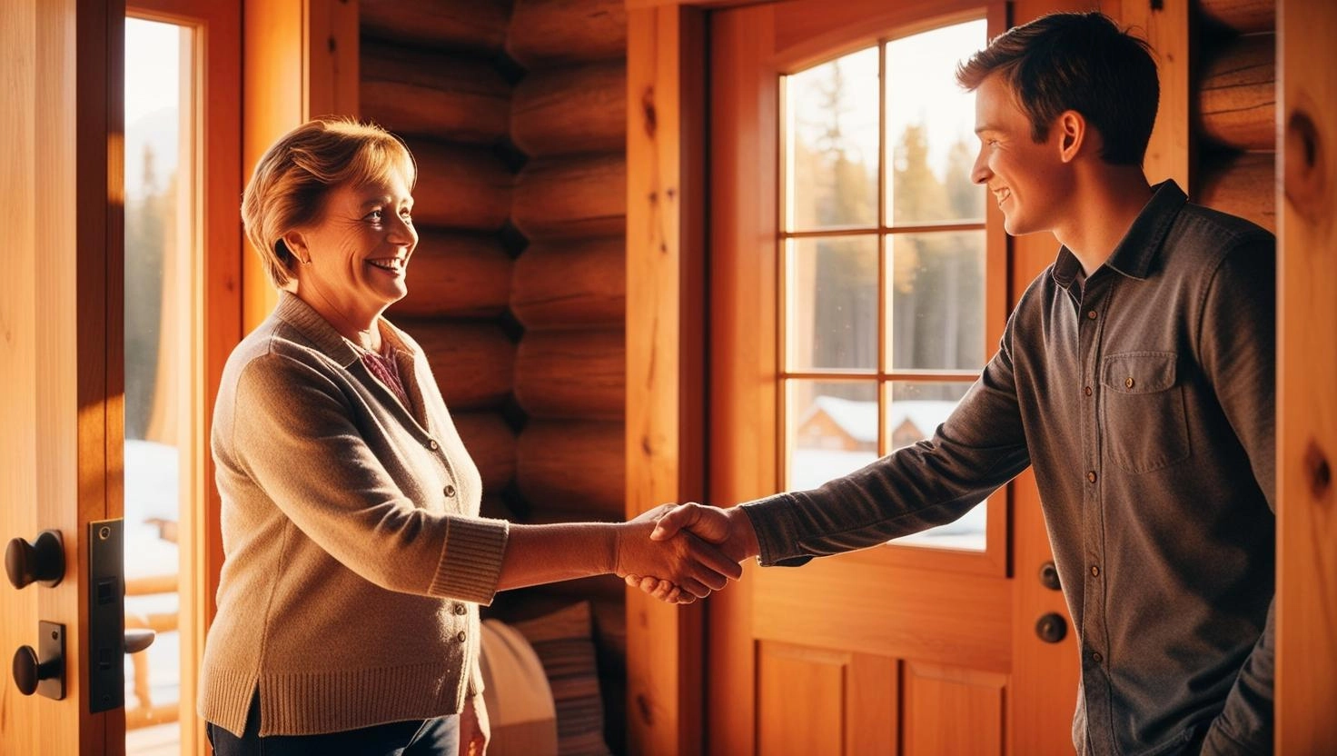 A happy host and guest sharing a positive exchange due to a successful rental experience.